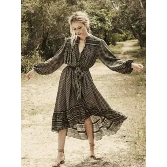 DOEN Sz M Medium Vista Midi Dress 100% Silk Medallion Print Dress + Belt Fall